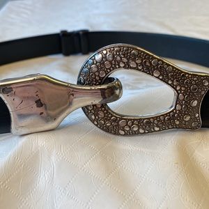 Chicos Adjustable Black Genuine Leather Clasp Belt with Silver Hardware SZ S/M